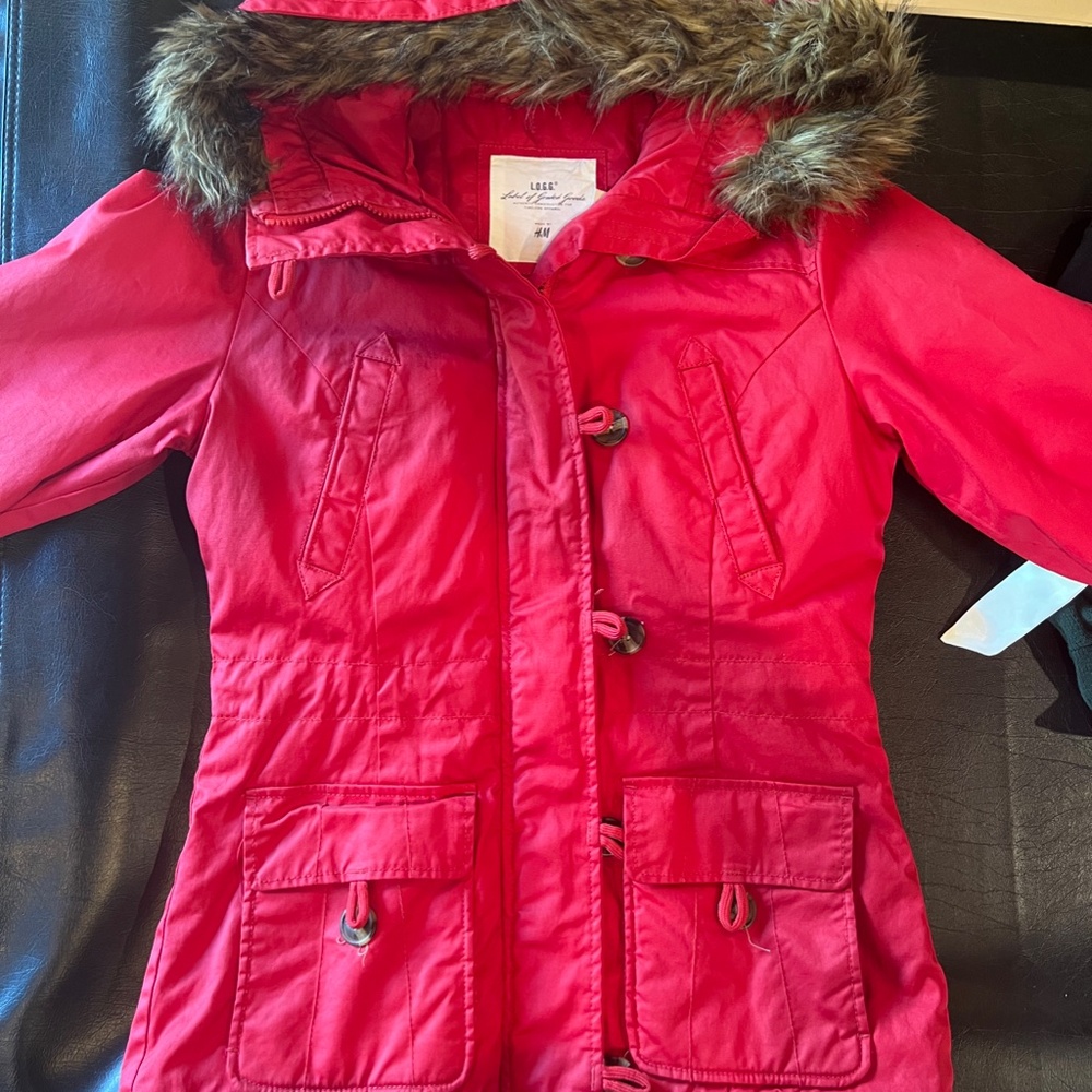 H&M Women's Red, Faux-Fur hooded Jacket, Size 8